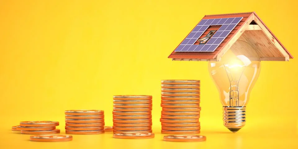 Stack of coins and  light bulb under a roof with solar panels.  Money saved   写真素材