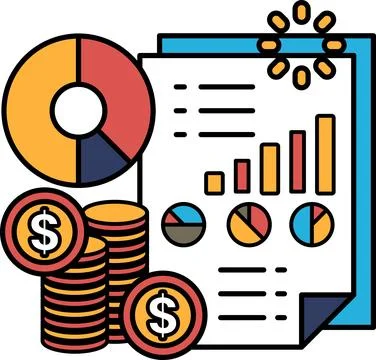 A stack of coins and a piece of paper with a pie chart on it Illustrazione stock
