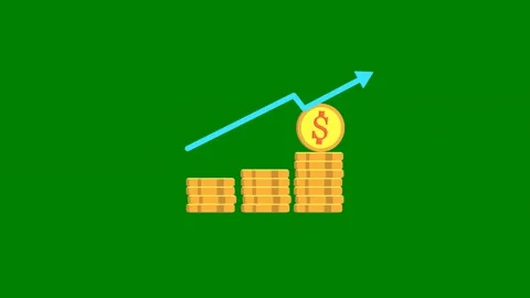 Stack coins arrow going up pointing dollar sign top green screen animated Stock Footage 314063813