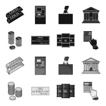 A stack of coins, a bank check, a calculator, black gold. Money and finance set Stock Illustration