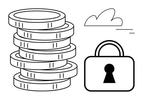 Stack of coins beside a padlock and cloud signifying financial security and o Stockillustratie