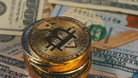 Stack of Coins from Bitcoin, BTC and Bills of Dollars are Rotating Stock Footage 89252018