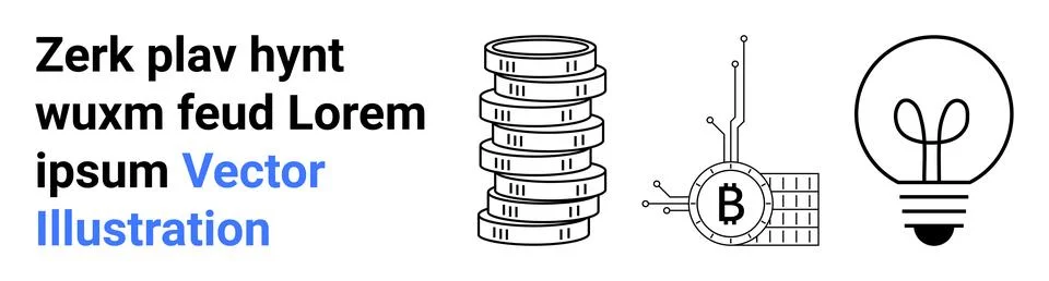 Stack of coins, Bitcoin circuitry, and a light bulb representing innovation a Stock Illustration