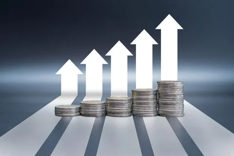 Stack of coins on black table with arrow graph growth up Stock Photos