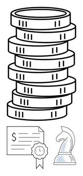 Stack of coins with certificate, ribbon, and chess knight representing inve.. Illustrazione stock