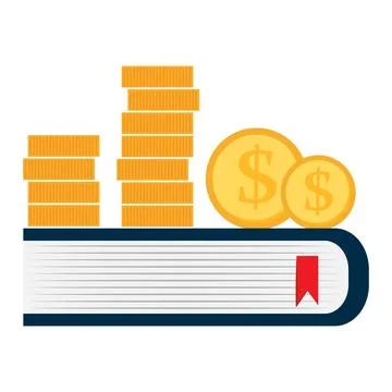 Stack of coins on closed book with dollar coins. Finance education and Stockillustratie