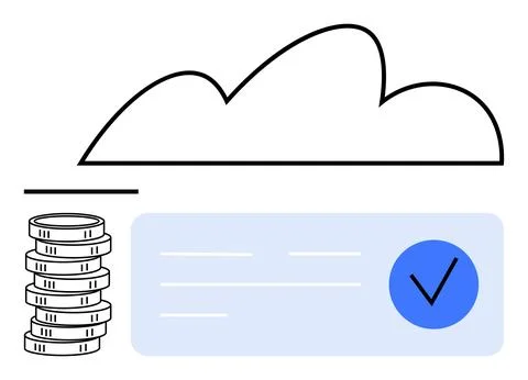 Stack of coins, cloud outline, and checkmark in blue circle. Ideal for online Stock Illustration