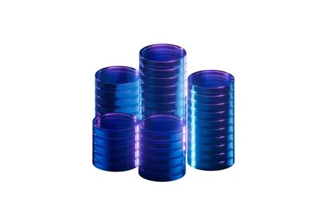 Stack of coins with dark neon light effect, 3d rendering. 스톡 일러스트
