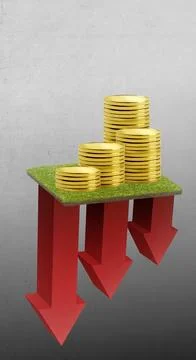 Stack of coins with a decreasing arrow 写真素材
