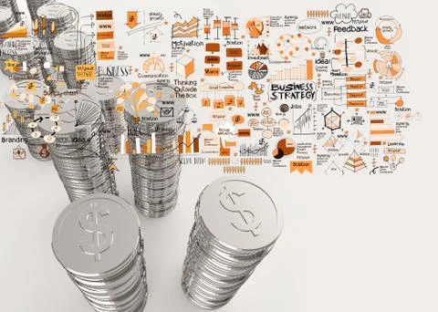 Stack of coins dollar sign 3d and hand drawn business strategy as concept イラスト素材