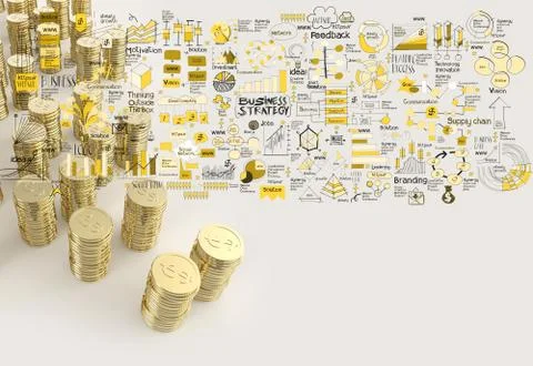 Stack of coins dollar sign 3d and hand drawn business strategy as concept イラスト素材