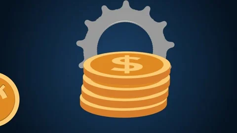 Stack of coins with a dollar sign in front of a gear icon symbolizing finan.. Stock Footage 336754352