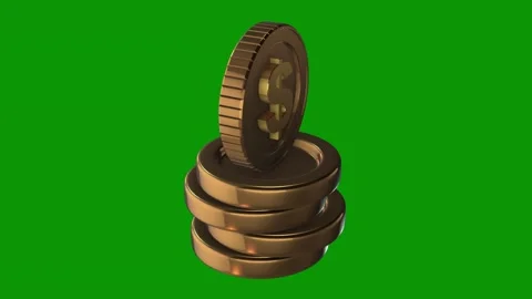 Stack coins dollar sign top green screen metal object gold coin sitting animated Stock Footage 314063632