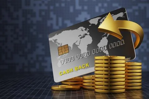 A stack of coins in front of a bank card. Money back concept. Cash back. The  Stock Illustration
