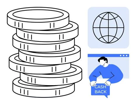 Stack of Coins Global Internet Connectivity and Cash Back Offer Concept Stock Illustration