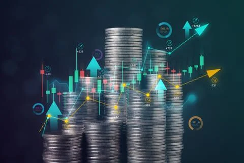 Stack of coins with graph chart growth up, Business marketing Stock Photos
