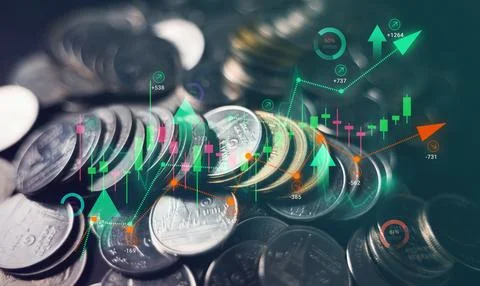 Stack of coins with graph chart growth up, Business marketing Stock Photos