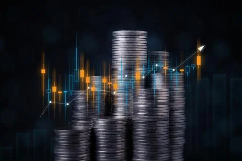 Stack of coins with graph chart growth up, Business marketing Stock Photos