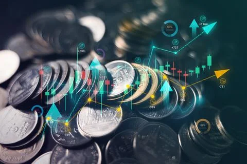 Stack of coins with graph chart growth up, Business marketing Stock Photos