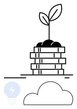Stack of coins with a growing plant on top, cloud icon below, and light bulb  Stock Illustration