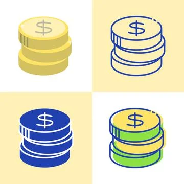 Stack of coins icon set in flat and line style. Stock Illustration