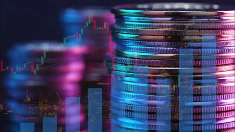 Stack of coins with increasing and decreasing trading chart Stock Footage 236296840