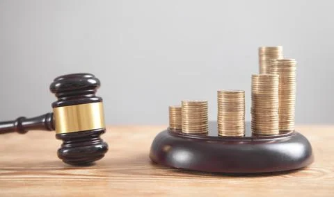 Stack of coins with judge gavel. Stock Photos