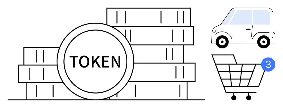 Stack of coins labeled TOKEN, shopping cart with notification, car icon. Idea Stock Illustration