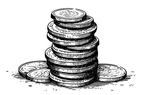 Stack of coins money in engraving style. Hand drawn ink sketch. Vector Stock Illustration