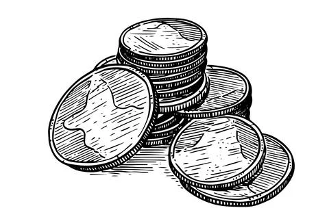 Stack of coins money in engraving style. Hand drawn ink sketch. Vector Stock Illustration