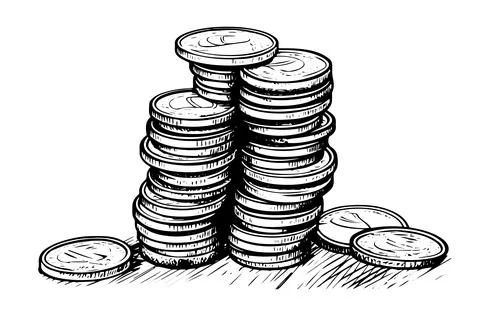 Stack of coins money in engraving style. Hand drawn ink sketch. Vector Illustrazione stock