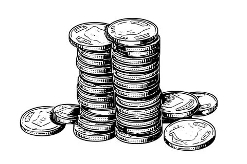 Stack of coins money in engraving style. Hand drawn ink sketch. Vector Stock Illustration