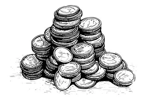 Stack of coins money in engraving style. Hand drawn ink sketch. Vector Stock Illustration