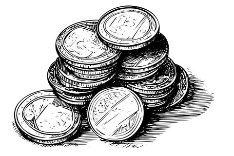 Stack of coins money in engraving style. Hand drawn ink sketch. Vector Illustrazione stock