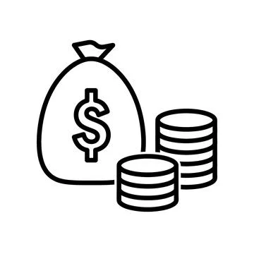 Stack of coins next to bag of dollars flat icon. Pictogram for web. Line stro Stock Illustration