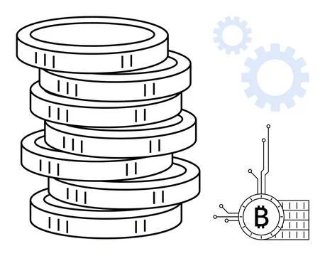 Stack of coins next to Bitcoin symbol and gears in background. Ideal for cryp Stock Illustration