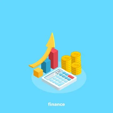A stack of coins next to the calculator and an upward graph, an isometric ima Illustrazione stock