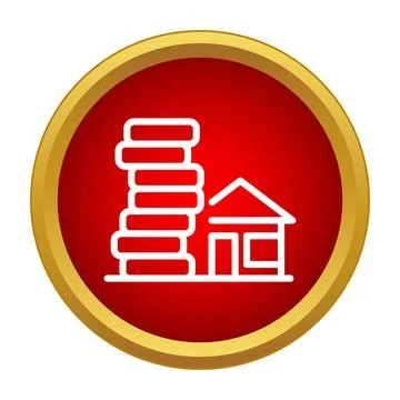 Stack of coins next to a house icon on a red and gold button Stock Illustration