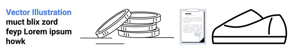 Stack of coins, paper document, and shoe outline. Ideal for business, finance Stock Illustration