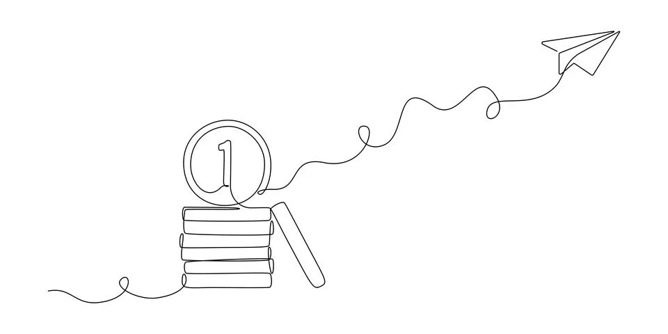 Stack of coins with paper plane in one continuous line drawing. Startup business Stock Illustration