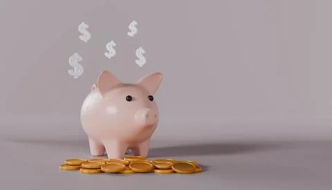 Stack of coins, piggy bank and money symbols isolated on pastel color background Stock Illustration