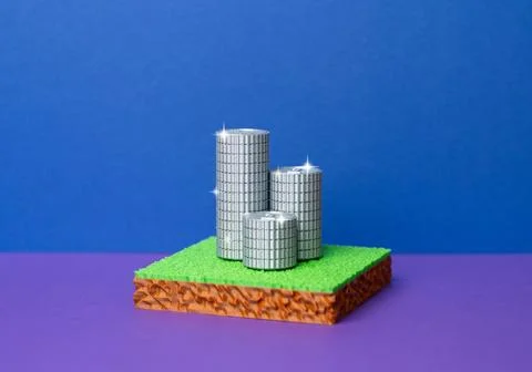 A stack of coins on a plot of land. Return on investment. Land value, deter.. 스톡 사진