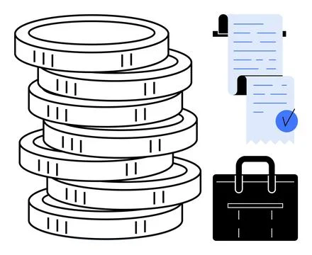 Stack of Coins with Receipts and Briefcase on White Background Illustrazione stock