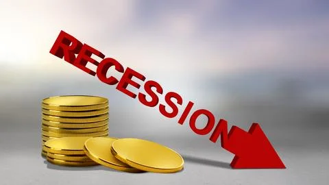Stack of coins with recession sign Stock Photos
