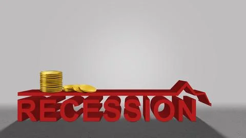 Stack of coins with recession sign Stock Photos