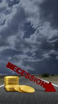 Stack of coins with recession sign Stock Photos