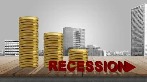 Stack of coins with recession sign Stock Photos