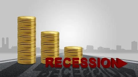 Stack of coins with recession sign Stock Photos