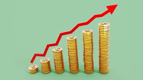 Stack of coins with rising arrow. 3D illustration. イラスト素材