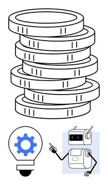 Stack of Coins, Robotic Arm, and Gear Inside a Light Bulb Depicting Financi.. Stock Illustration